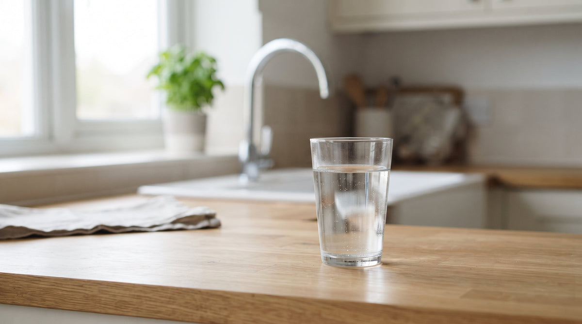 Glass of drinking water on a kitchen counter