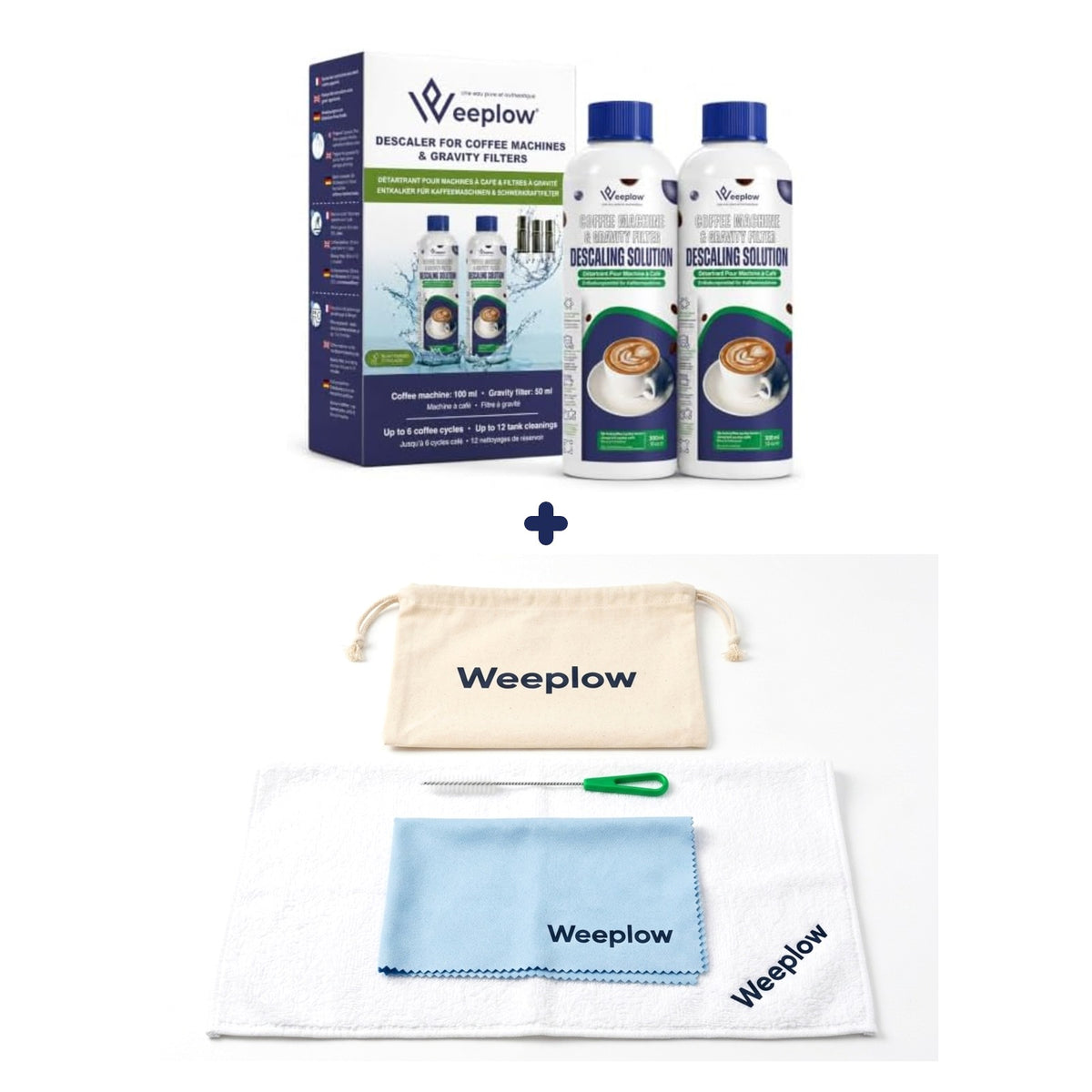 Pack Entretien Weeplow : chiffons en coton et microfibre, brosse de nettoyage et deux flacons de détartrant de 300 ml